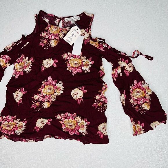 Hippie Rose Womens Floral Print Cold Shoulder Blouse Burgundy XS NWT - Picture 4 of 11
